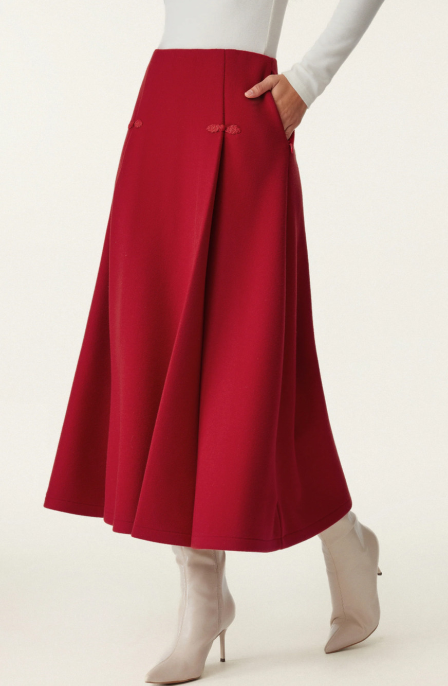 New OGL CashSoft red frog closure A line midi skirt Size S Preppy Retro Luxe